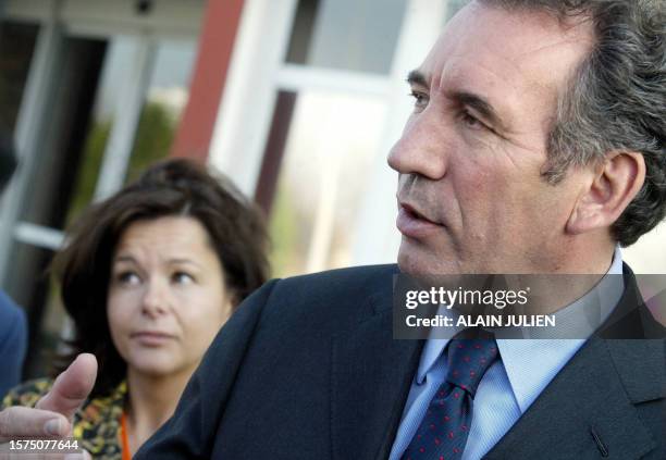 French centrist Union for the French Democracy leader and presidential candidate Francois Bayrou is seen after his visit of "Chausson outillage", a...