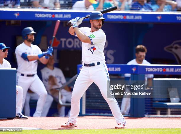 Paul DeJong of the Toronto Blue Jays warms up on deck circle in the fifth inning against the Baltimore Orioles at Rogers Centre on August 3, 2023 in...