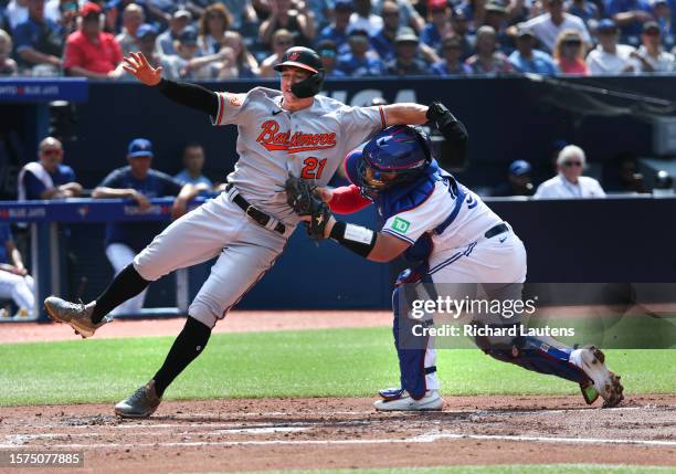 August 3 In the second inning, Baltimore Orioles left fielder Austin Hays is out at home at the hands of Toronto Blue Jays catcher Alejandro Kirk off...