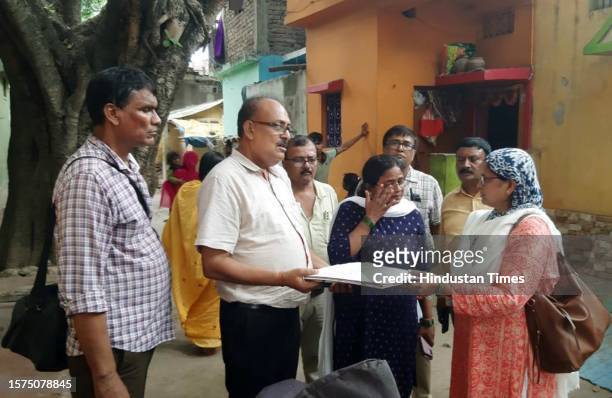 Enumerator staff collect information from residents for a caste-based census in Bihar after Patna High Court rejected a petition against the survey,...
