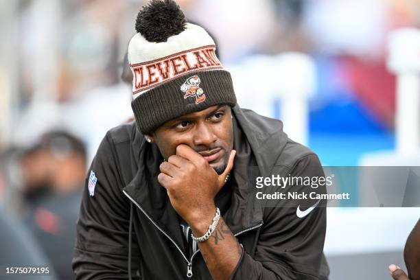 Deshaun Watson of the Cleveland Browns looks on prior to the 2023 Pro Hall of Fame Game against the New York Jets at Tom Benson Hall Of Fame Stadium...