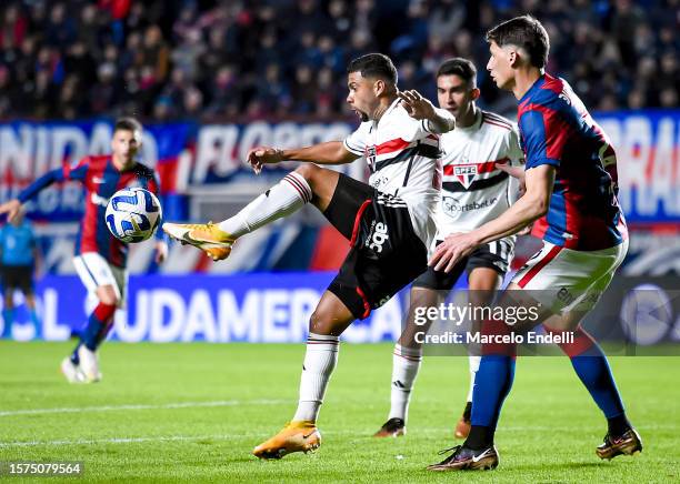 Pablo Maia of Sao Paulo kicks the ball during the Copa CONMEBOL Sudamericana 2023 round of sixteen first leg match between San Lorenzo and Sao Paulo...