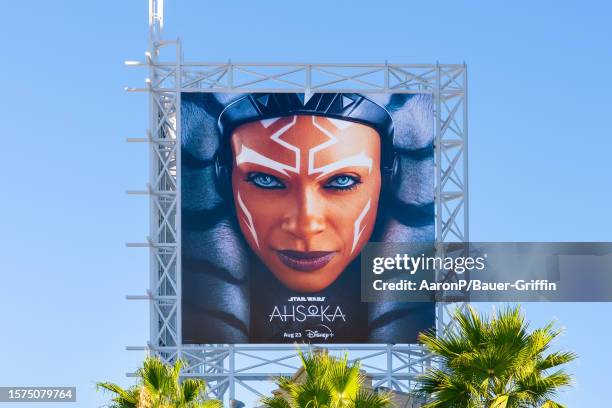 General view of a billboard above the El Capitan Entertainment Centre promoting the new the Disney+ Star Wars flagship show 'Ahsoka' on August 03,...