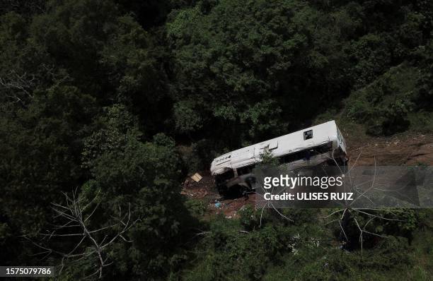 Aerial view of the site of a road accident in Tepic, Nayarit State, Mexico, taken on August 3, 2023. At least 18 people were killed and at least 23...