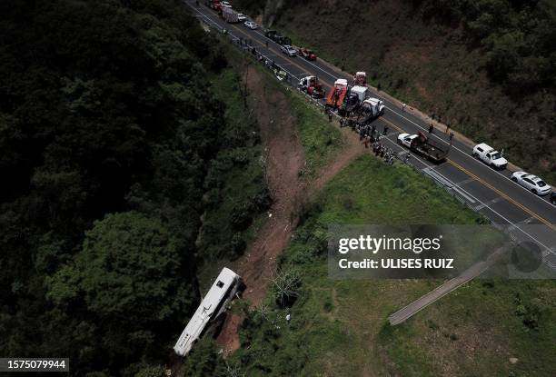 Aerial view of the site of a road accident in Tepic, Nayarit State, Mexico, taken on August 3, 2023. At least 18 people were killed and at least 23...