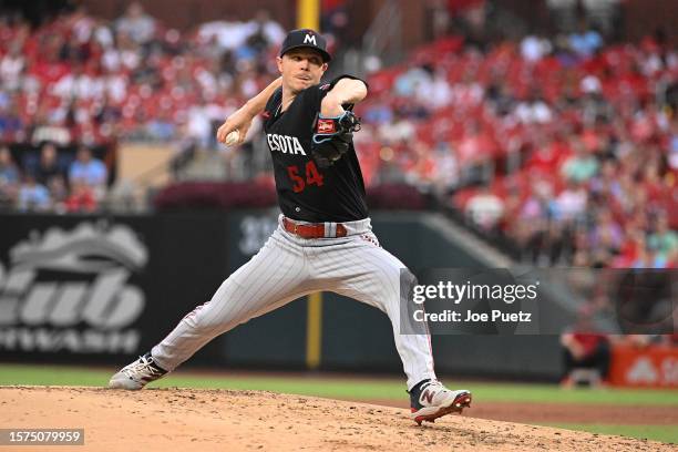 Sonny Gray of the Minnesota Twins pitches against the St. Louis Cardinals in the second inning at Busch Stadium on August 3, 2023 in St Louis,...