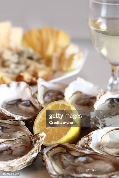 oysters, lemon, cheese and white wine glass - bivalve stock pictures, royalty-free photos & images