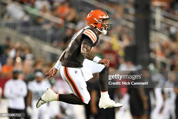 Dorian Thompson-Robinson of the Cleveland Browns celebrates a 16-yard touchdown run by Demetric Felton Jr. During the second half of the 2023 Pro...