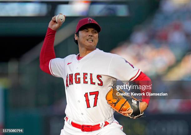 Starting pitcher Shohei Ohtani of the Los Angeles Angels throws during the second inning against Seattle Mariners at Angel Stadium of Anaheim on...