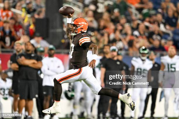 Dorian Thompson-Robinson of the Cleveland Browns looks to pass during the second half of the 2023 Pro Hall of Fame Game against the New York Jets at...