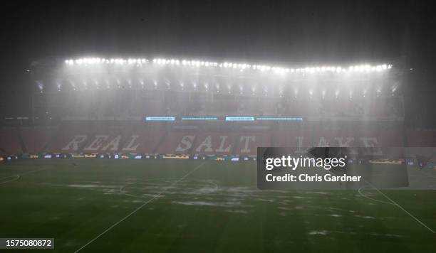 Heavy rain falls forcing a delay of Real Salt Lake and Club Leon during the first half of their Leagues Cup 2023 Round of 32 game at America First...