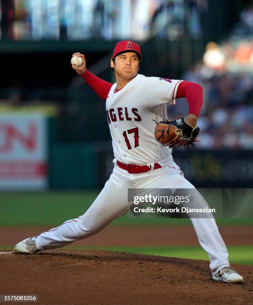 Starting pitcher Shohei Ohtani of the Los Angeles Angels throws during the second inning against Seattle Mariners at Angel Stadium of Anaheim on...