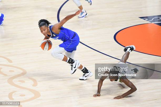 Connecticut Sun forward Alyssa Thomas leads a fast break after stealing the ball during a WNBA game between the Minnesota Lynx and the Connecticut...