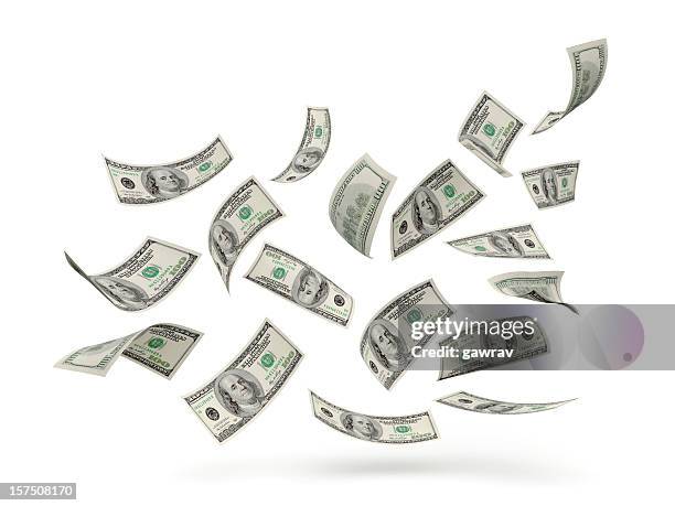 us dollar hundred bills in air - mid air stock pictures, royalty-free photos & images