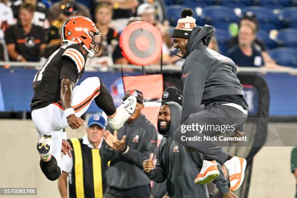 Dorian Thompson-Robinson and Deshaun Watson of the Cleveland Browns celebrate a 22-yard touchdown during the second half of the 2023 Pro Hall of Fame...