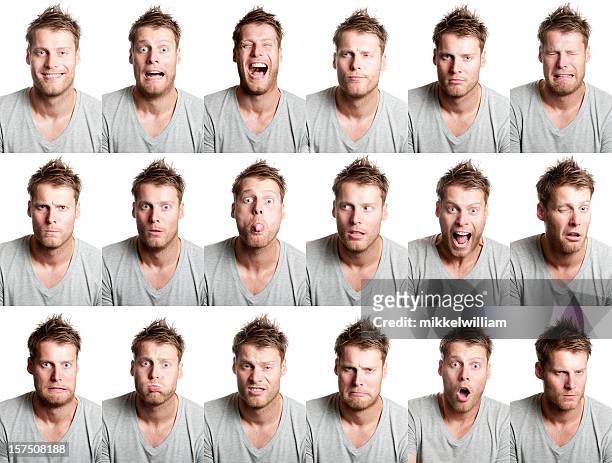18 種類の表情で飾られたヒゲのあるハンサムな男性 - 感情表現シリーズ ストックフォトと画像