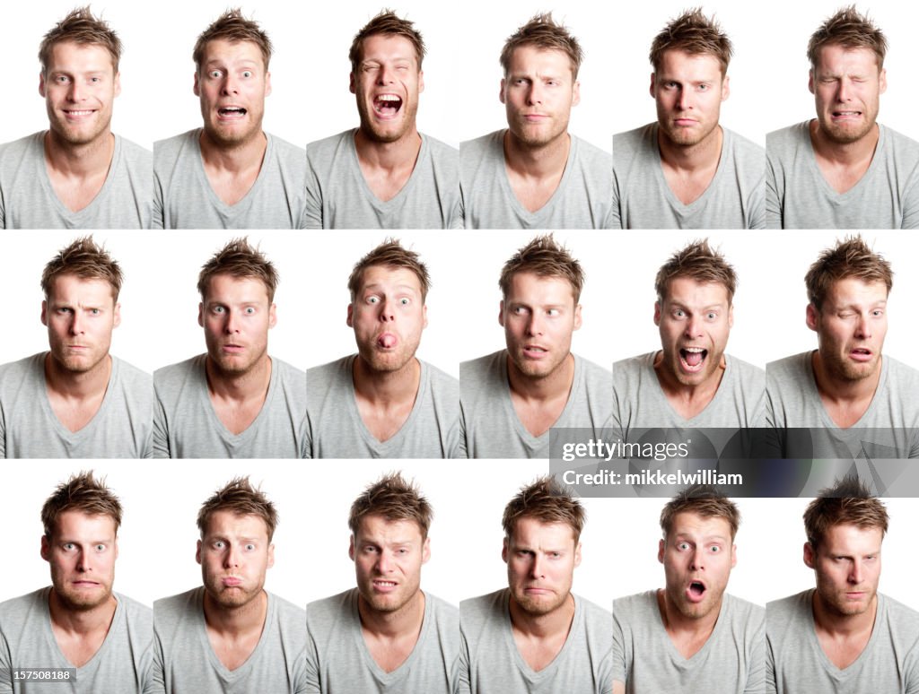 18 different facial expression from handsome man with beard