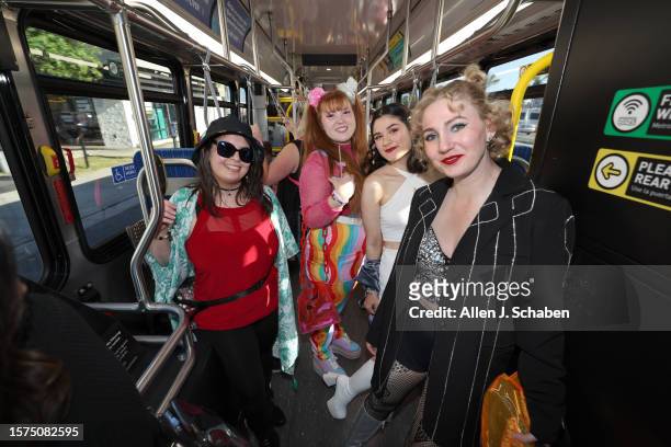 Inglewood, CA A bus load of Swifties ride a free shuttle bus from the Metro C Line Station to SoFi stadium to see Taylor Swift perform her first of...