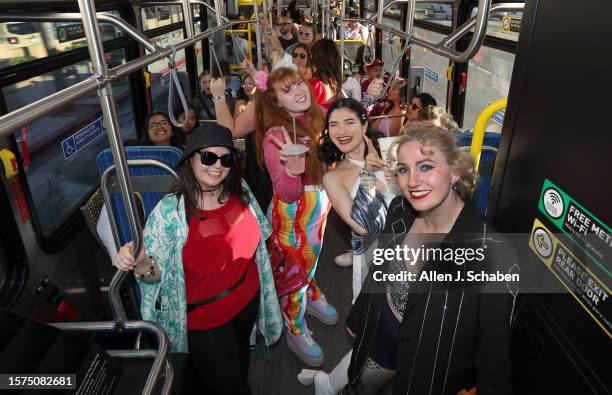 Inglewood, CA A bus load of Swifties ride a free shuttle bus from the Metro C Line Station to SoFi stadium to see Taylor Swift perform her first of...