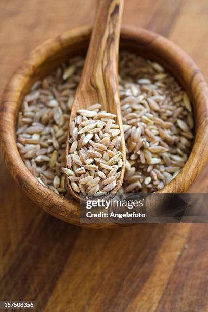 spelt in a olive wood bowl - spelt stock pictures, royalty-free photos & images