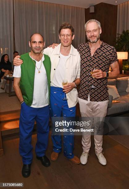 Zubin Varla, James Norton and Elliot Cowan attend a wrap party for the West End production of "A Little Life" at the newly opened 1 Hotel Mayfair on...