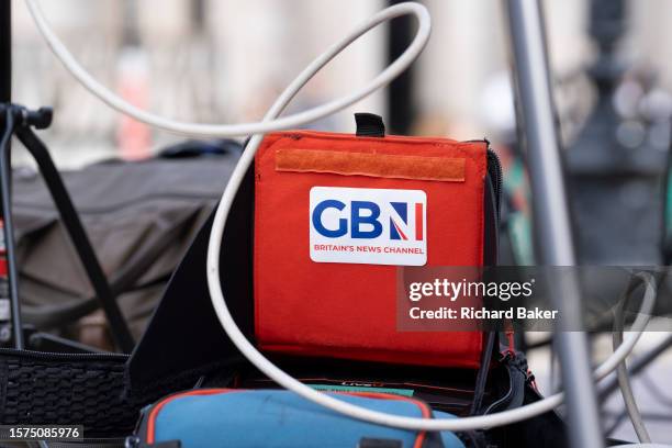 Detail of 'GB News' broadcasting equipment seen outside the Bank of England in the City of London, the capital's financial district, on 3rd August...