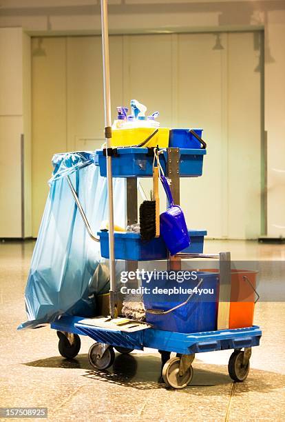 service cart with cleaning accessories - cleaning kit - sweeping dirt stock pictures, royalty-free photos & images