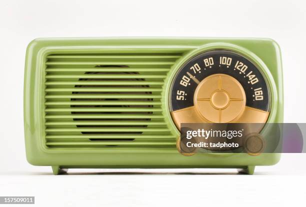 old time green radio - adobe rgb - alarm clock white background stock pictures, royalty-free photos & images