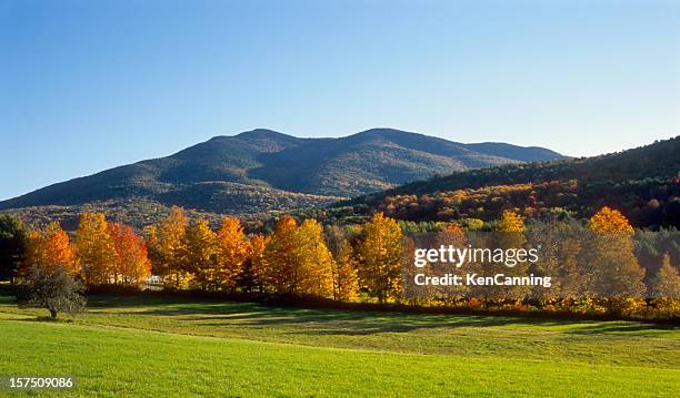 new england autumn field and mountains - green mountain range stock pictures, royalty-free photos & images