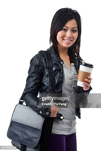 asian college student with coffee drink isolated on white background - coffee drink on white stock pictures, royalty-free photos & images