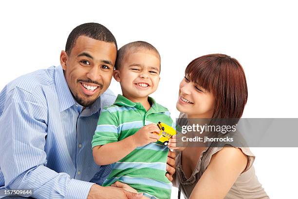 happy mixed race family of three on white - family white background stock pictures, royalty-free photos & images