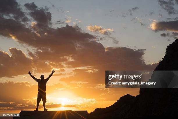 silhouette man arms raised into sunset sky - sandia mountains stockfoto's en -beelden