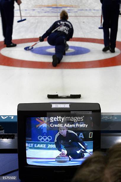 Fiona MacDonald of Great Britain in action vs USA at the Curling competition at the Ogden Ice Sheet, Ogden Utah, during the Salt Lake 2002 Winter...