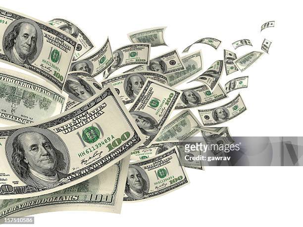 us dollar hundred bills in wind - abundance stock pictures, royalty-free photos & images