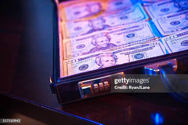 un montón de dinero en un maletín - blanqueo de dinero fotografías e imágenes de stock