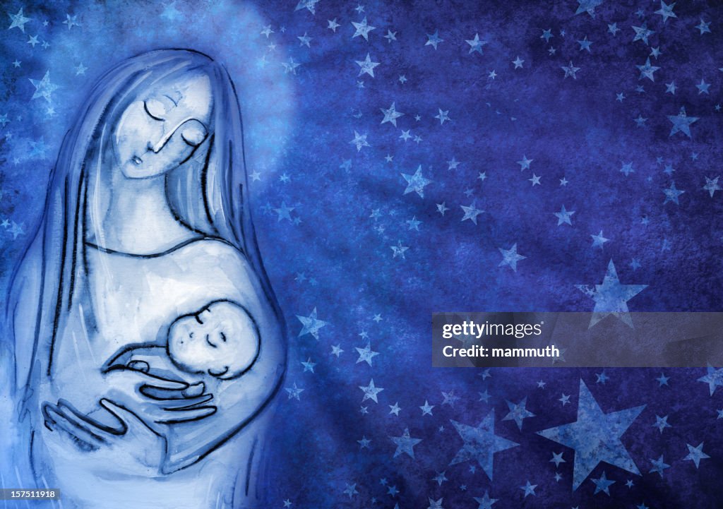Mary holding the Child Jesus before starry blue background