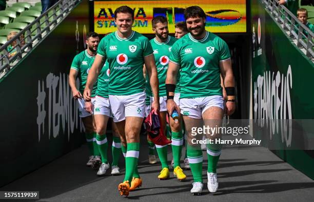 Dublin , Ireland - 4 August 2023; Jacob Stockdale and Tom O'Toole walk out for an Ireland rugby captain's run at the Aviva Stadium in Dublin.