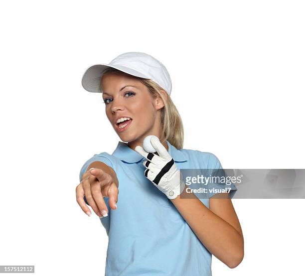 beautiful blonde woman showing a  golf ball - golf driver stock pictures, royalty-free photos & images
