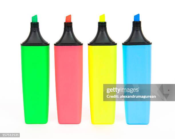 set of four highlighters on white background - fluorescent stock pictures, royalty-free photos & images