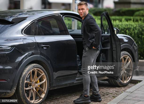 Jakub Blaszczykowski arrives at the Krakow City Office for a meeting with the Mayor of the City, where he receives the 'Honoris gratia' award, which...