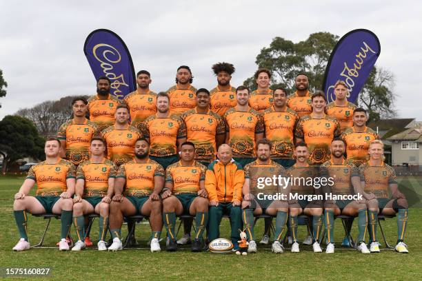 Wallabies players pose for a team photo during the Australian Wallabies captain's run at Brighton Grammar School on July 28, 2023 in Melbourne,...