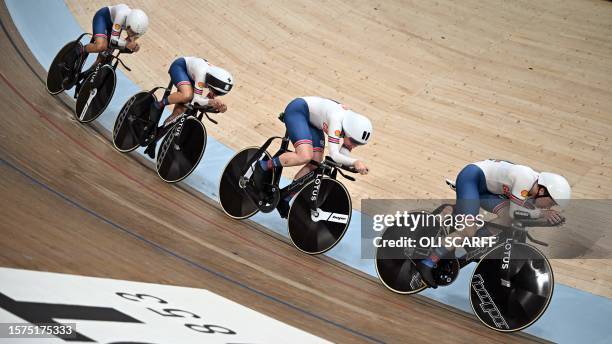 The Great Britain team take part in the women's Elite Team Pursuit Qualification at the Sir Chris Hoy velodrome during the Cycling World...