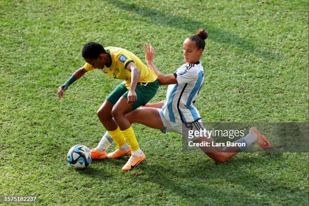 Hildah Magaia of South Africa controls the ball against Paulina Gramaglia of Argentina during the FIFA Women's World Cup Australia & New Zealand 2023...