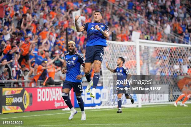 Brandon Vázquez of FC Cincinnati celebrates after scoring a goal during the first half of a Leagues Cup match against Guadalajara at TQL Stadium on...