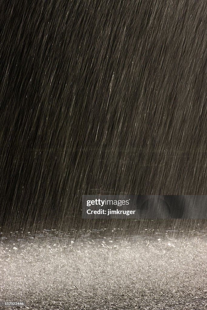 Rain falling backlit by sunshine.