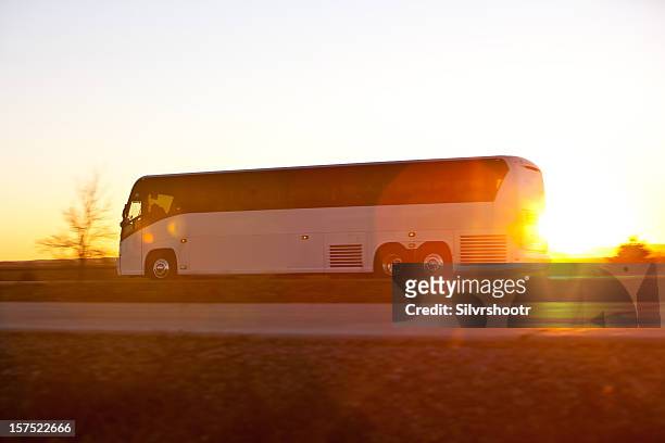 autobus sur la route au lever du soleil - car on road photos et images de collection