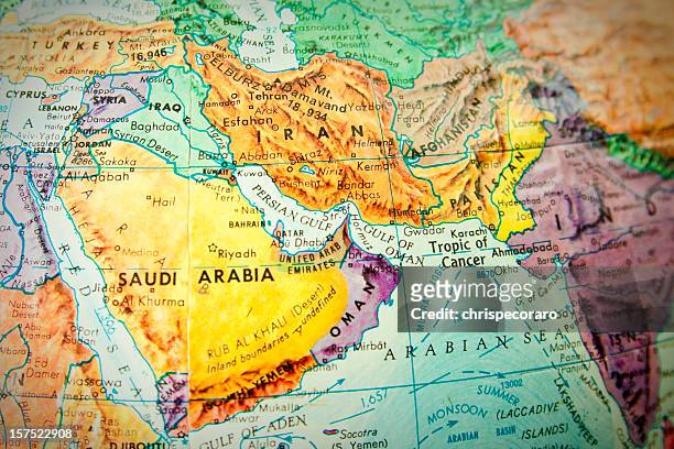 close up of the middle east on a world globe - iran attack 個照片及圖片檔
