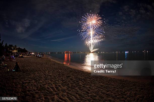 fireworks on the beach - naples pier stock pictures, royalty-free photos & images