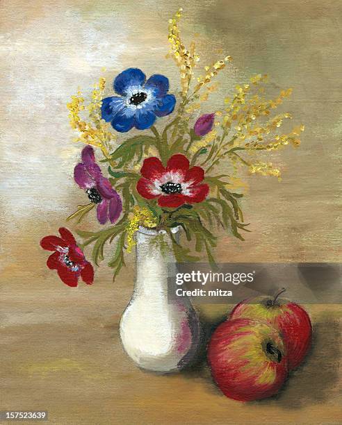 ilustraciones, imágenes clip art, dibujos animados e iconos de stock de anémona con manzanas arreglo - watercolor vase of flowers