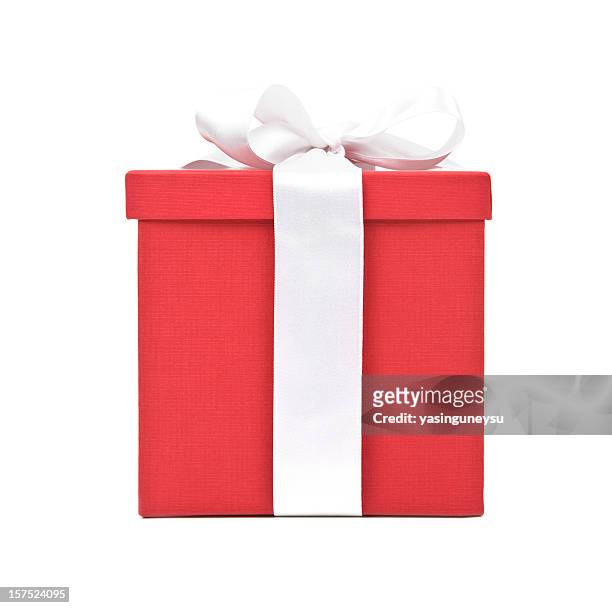 large red gift box with a white ribbon and bow - box front view stock pictures, royalty-free photos & images